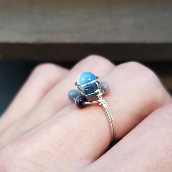 Size 8 Sterling Silver Handmade Wire Multiple Cat's Eye Stone Ring - Picture 2 of 6